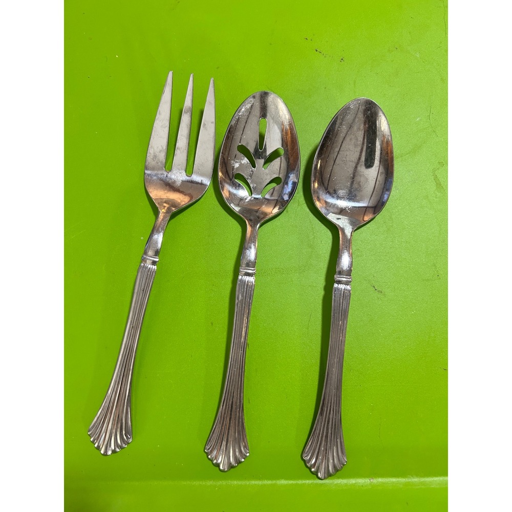 Vintage Roger's Stainless Serving Set Slotted Spoon Meat Fork Solid Spoon Drama